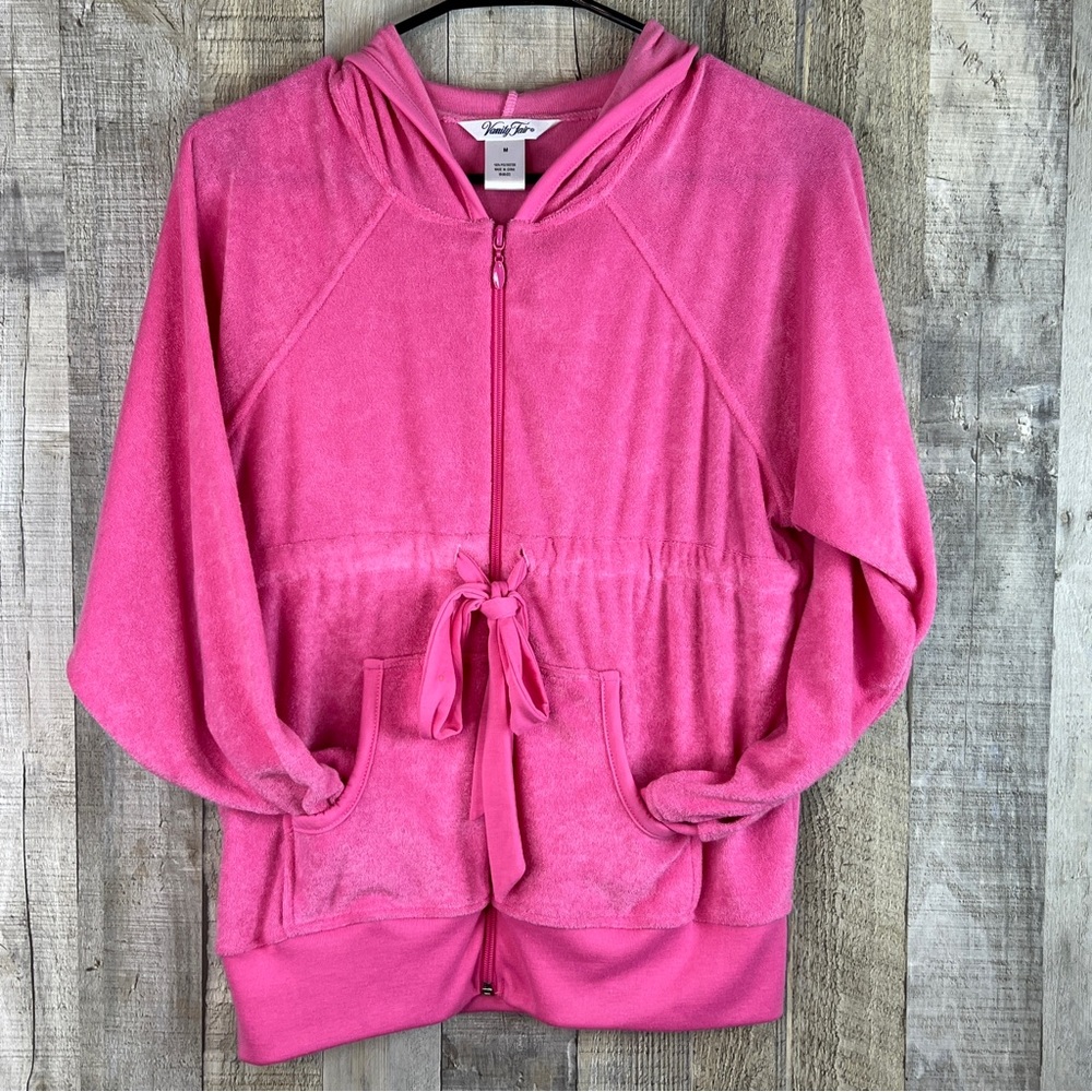 Vanity Fair Size Medium Fleece Hooded Pink Zippered Front Short Robe with Tie